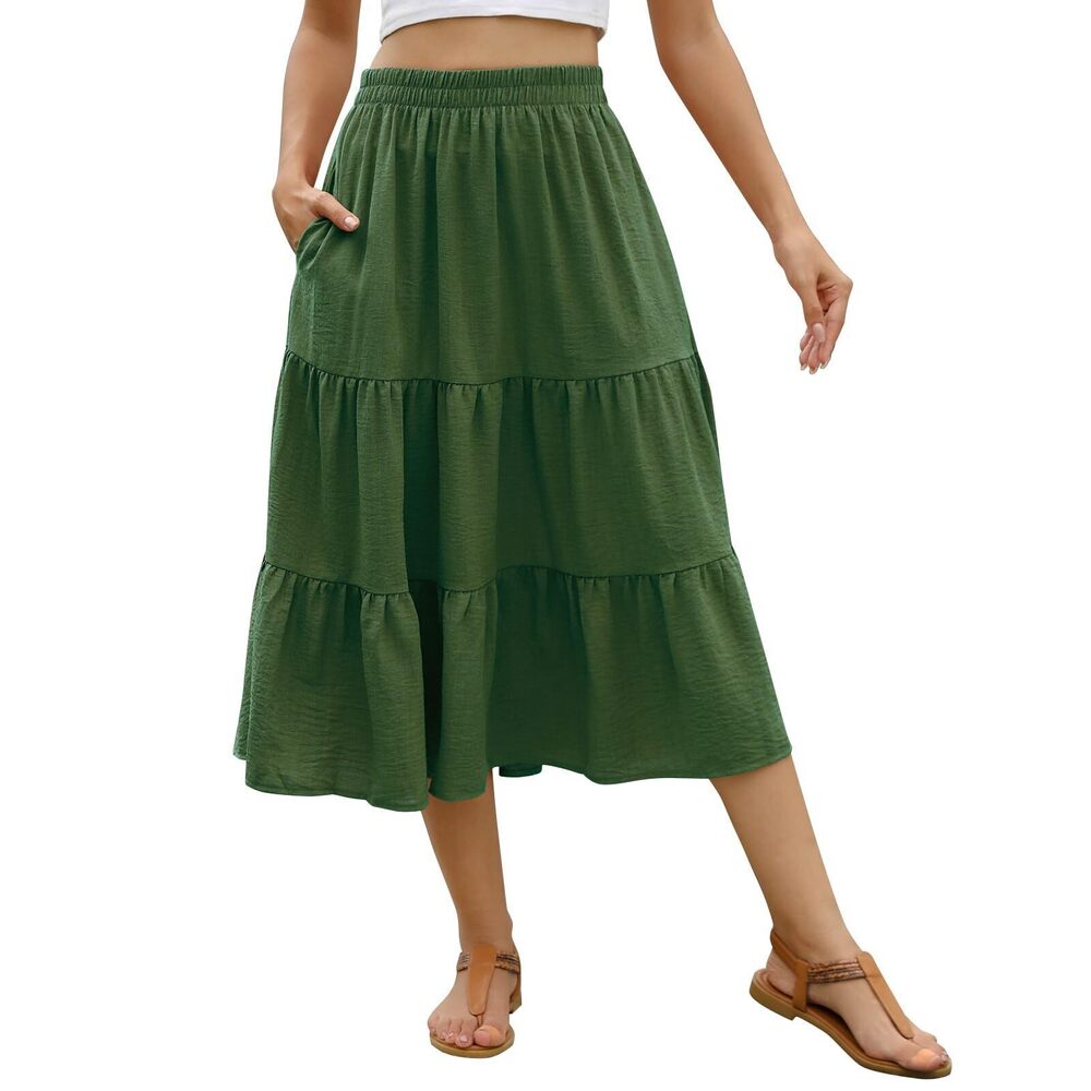 3222 Winter Skirts High Waist Pleated Aline Tiered Long Skirt XL,9193-Army